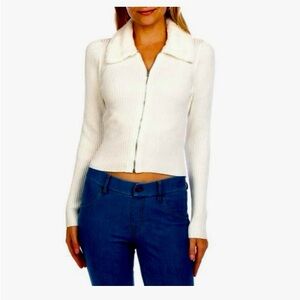 No Comment Sz L Bodycon Zip Front Off White Ribbed Sweater NWT Faux Fur Collar